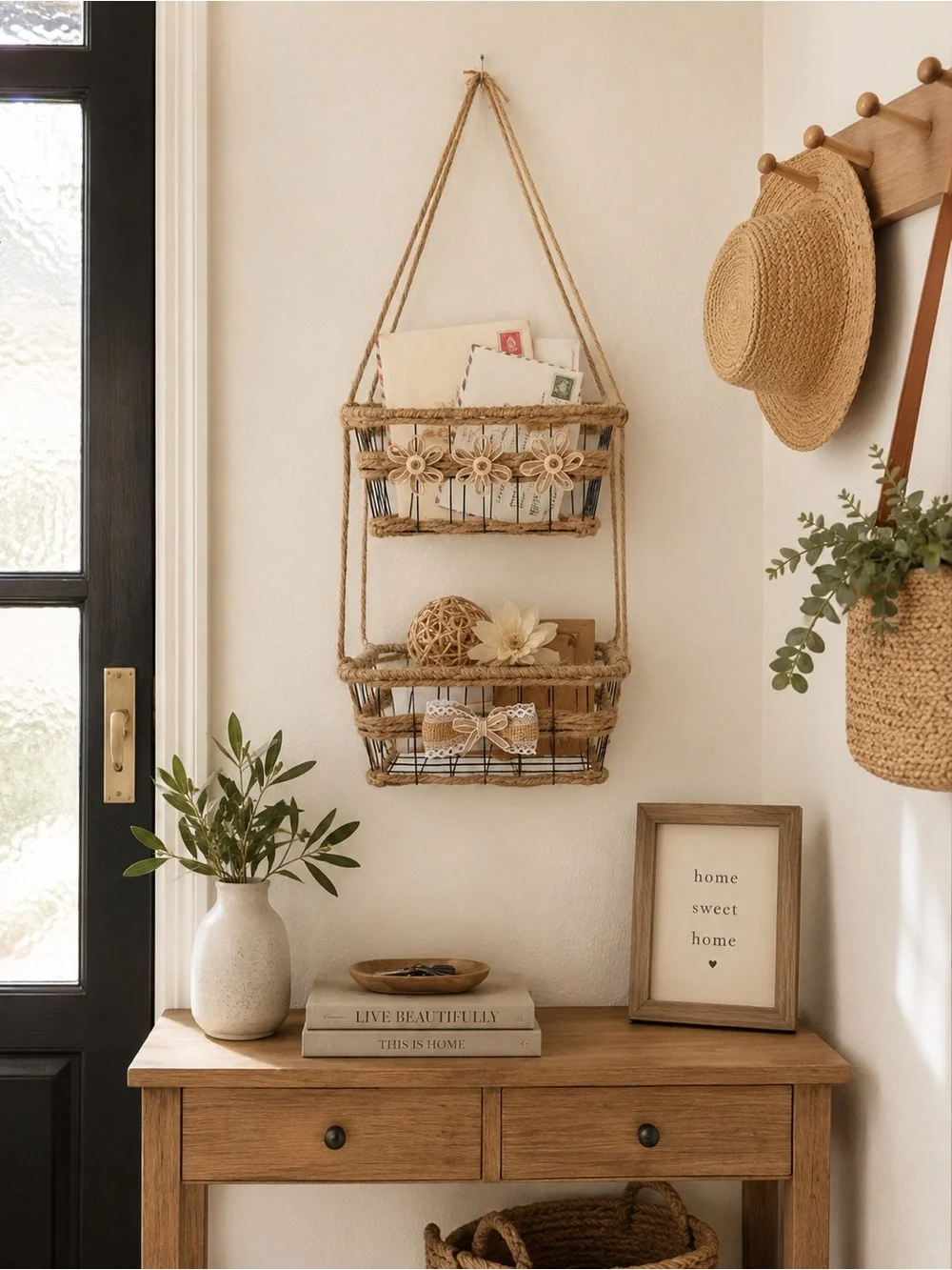 Woven Hanging Two-Tier Wall 9” W x 7” D Basket - Natural Brown